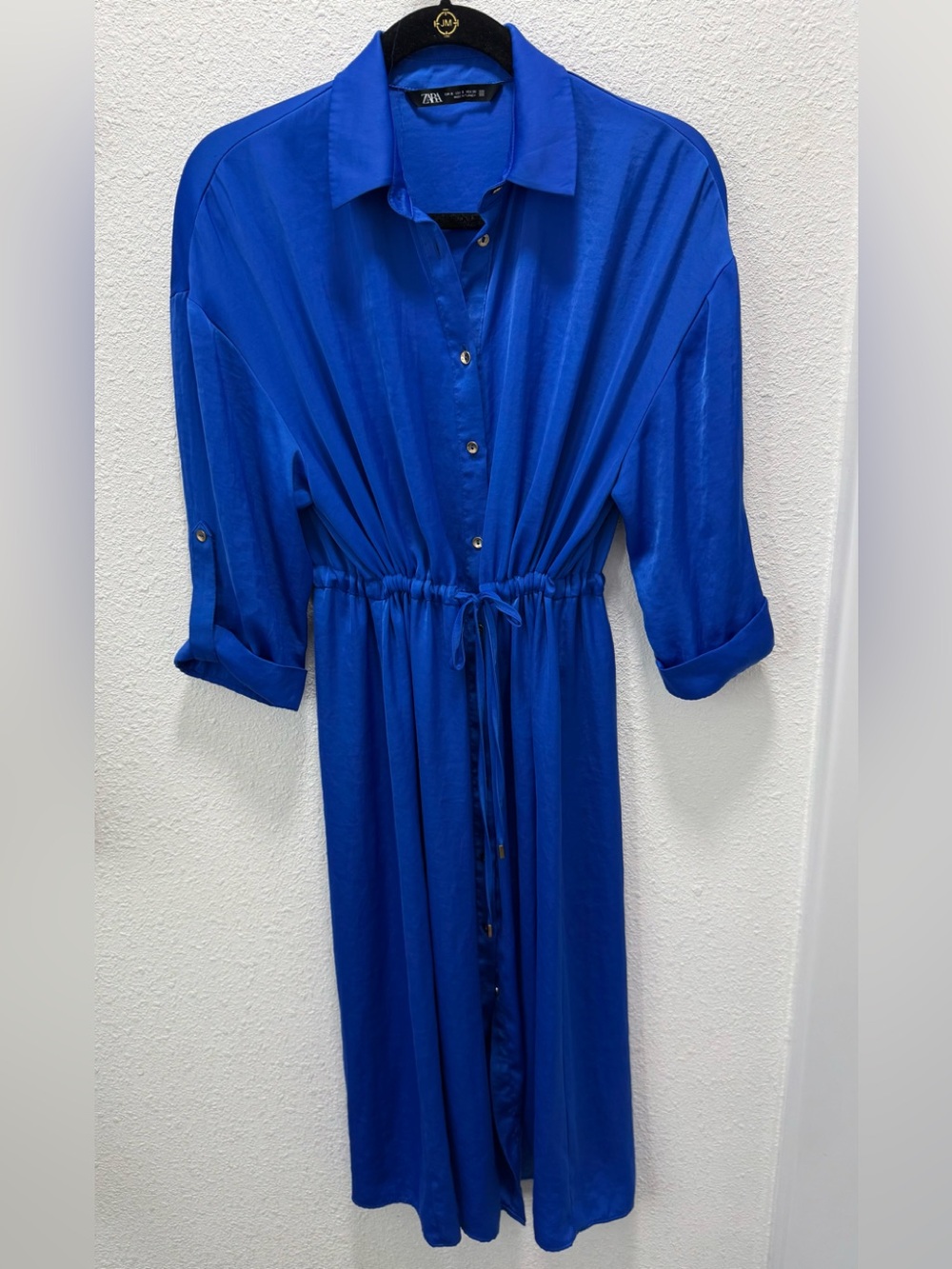 Zara Cobalt Blue Gathered Satin Dress featuring a collared neckline Sz(m)